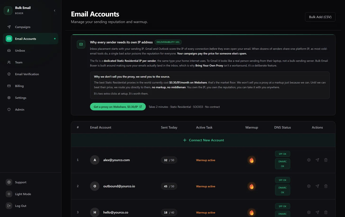 The email accounts screen showing connected mailboxes with warmup and green SPF/DMARC health