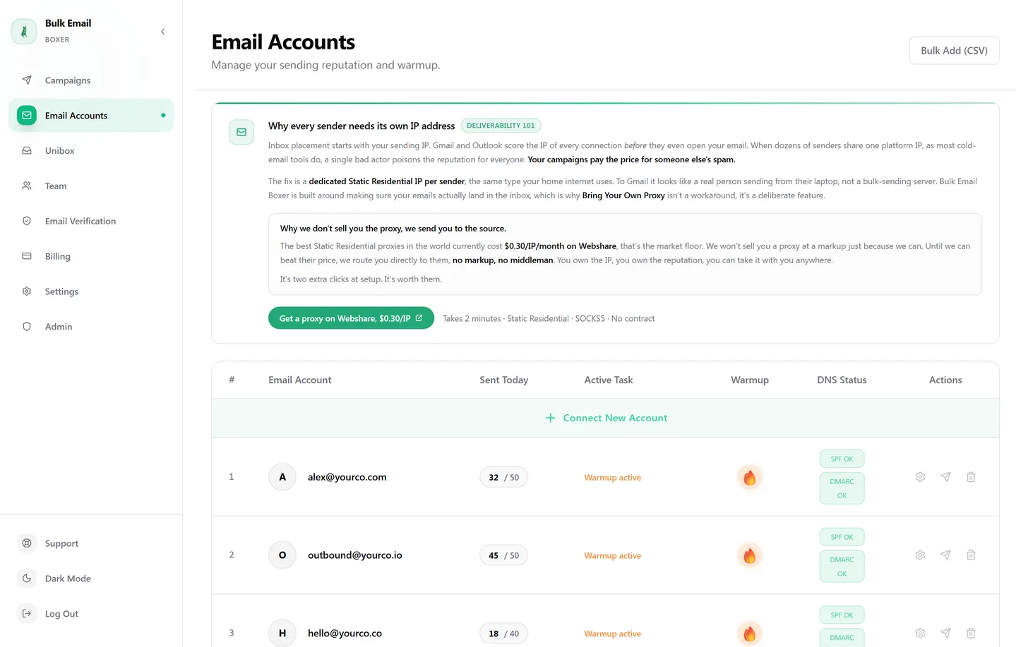 The email accounts screen showing connected mailboxes with warmup and green SPF/DMARC health