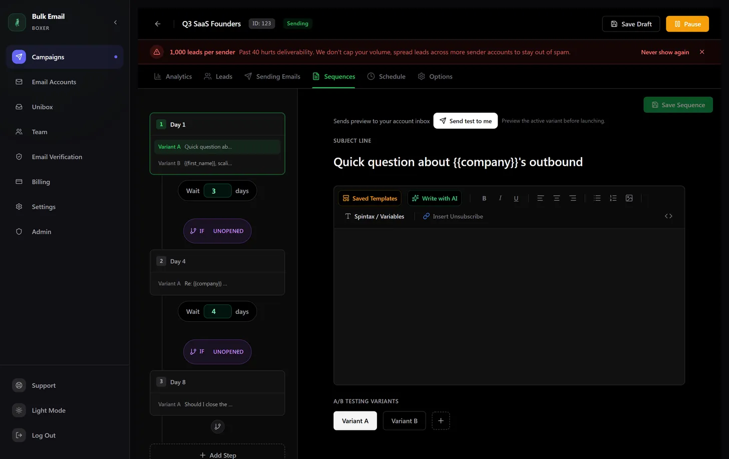 The sequence builder — a multi-step timeline with wait timers and conditional branches