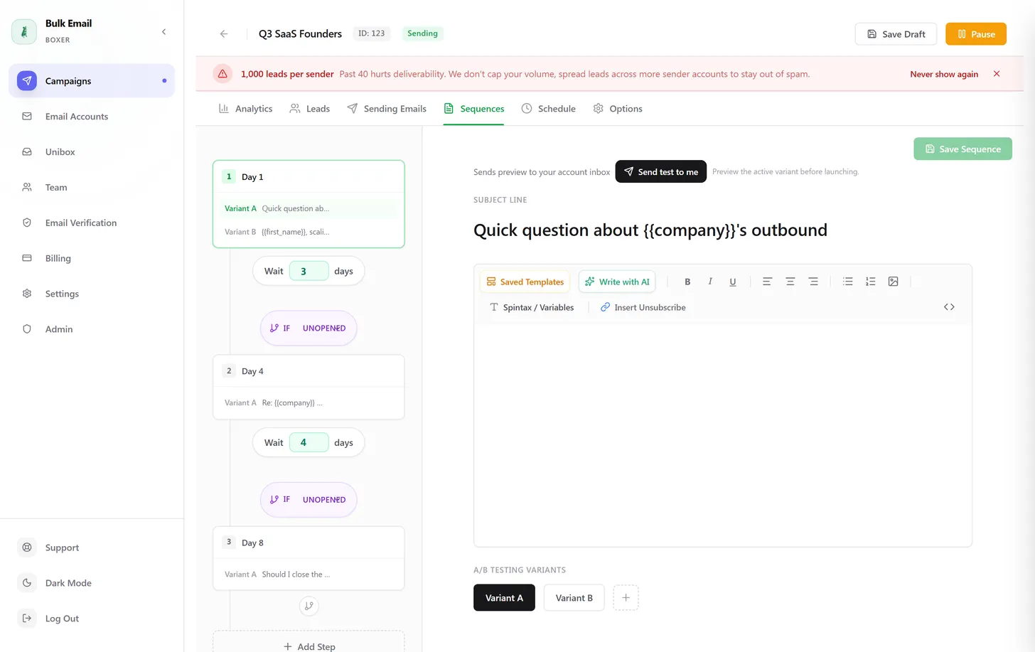 The sequence builder — a multi-step timeline with wait timers and conditional branches