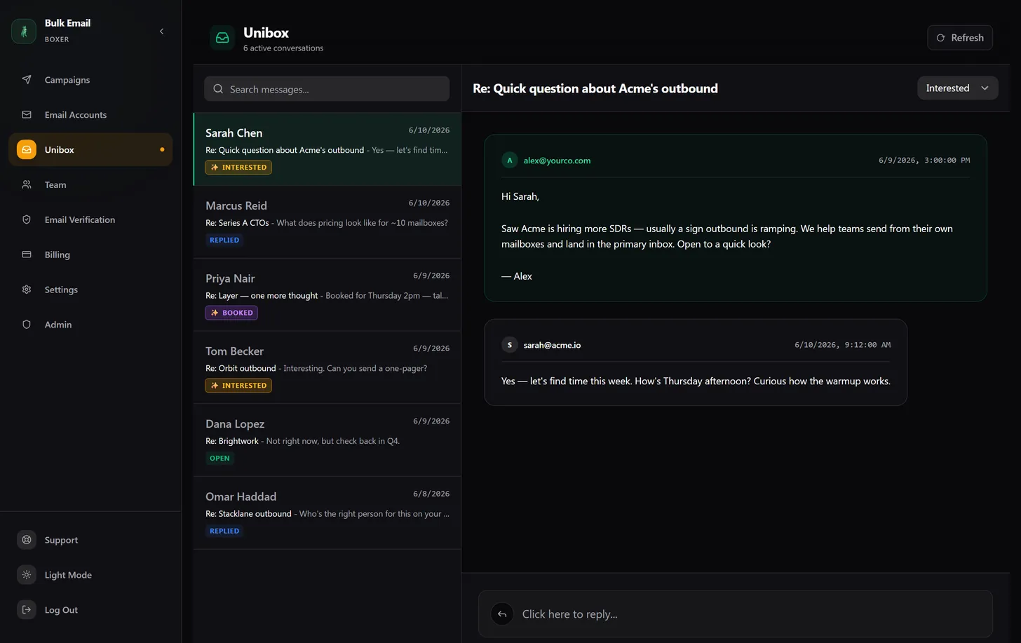 The unified inbox showing reply threads tagged interested, replied and booked