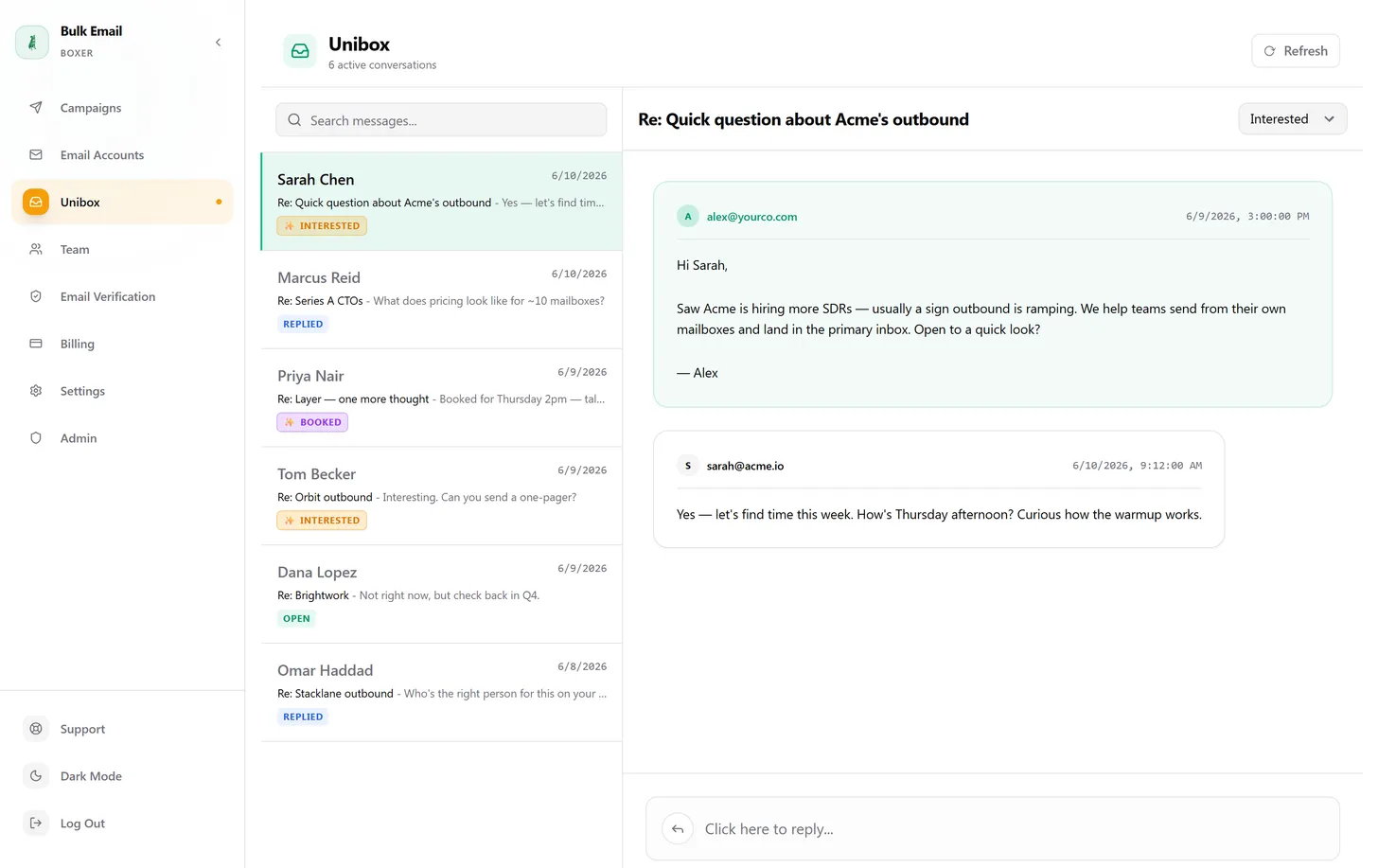 The unified inbox showing reply threads tagged interested, replied and booked